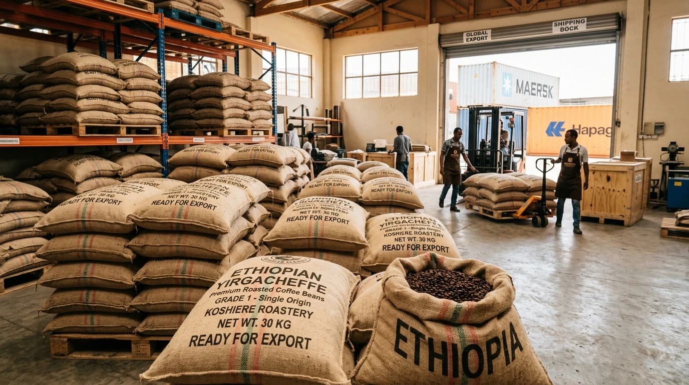 Bags of premium Ethiopian coffee beans prepared for global export in a modern trade warehouse