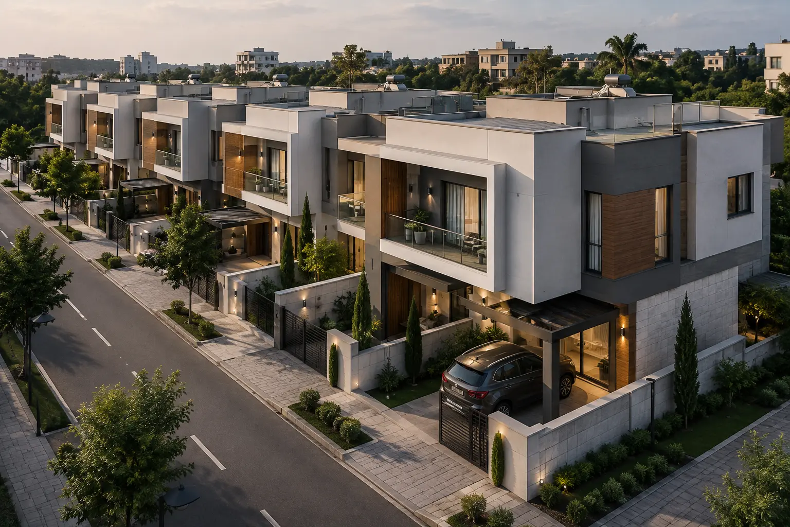High-value modern architectural design luxury villa facade with warm sunset lighting